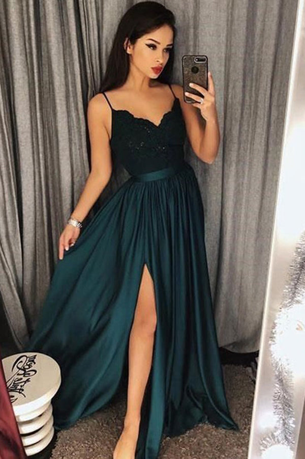 Spaghetti-Straps  Prom Dress Lace Evening Gowns With Slit