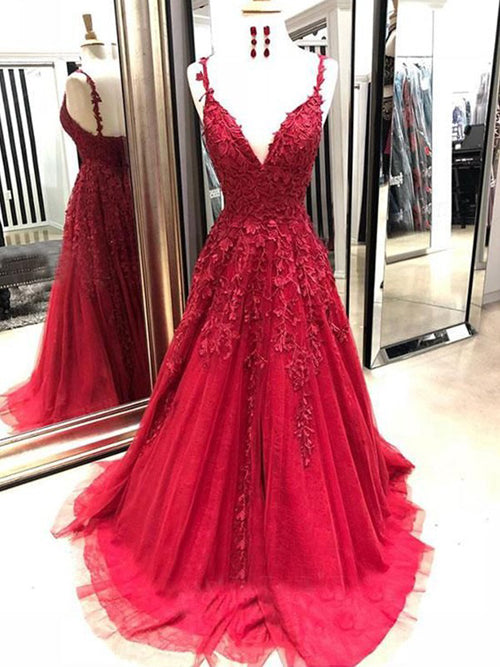 Wunderschönes, langes Ballkleid in A-Linie mit V-Ausschnitt, Spaghettiträgern und Applikationen