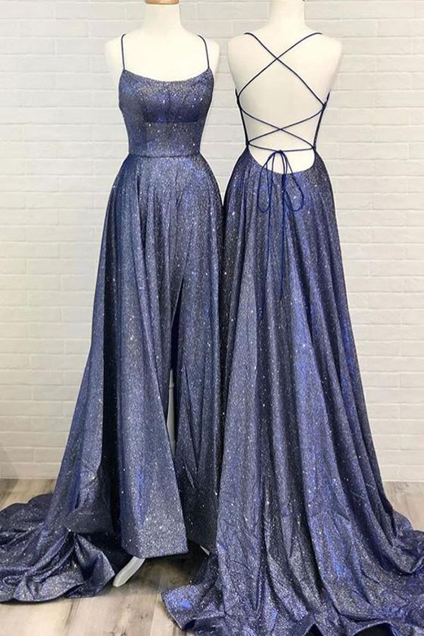 Bonitos Vestidos Largos de Fiesta con Bolsillos, Espalda Cruzada Brillante, Vestidos de Noche con Abertura