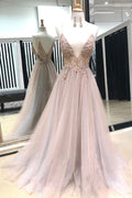 V-Neck Spaghtti Straps Light Grey-Blush Prom Dresses with Split, Beaded Prom Dresses