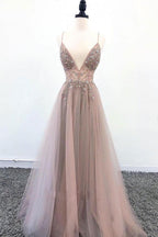 V-Neck Spaghtti Straps Light Grey-Blush Prom Dresses with Split, Beaded Prom Dresses