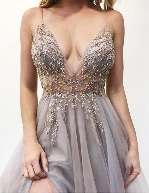 V-Neck Spaghtti Straps Light Grey-Blush Prom Dresses with Split, Beaded Prom Dresses