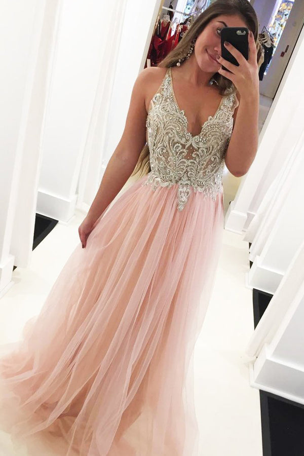 Vestidos largos de fiesta de tul con línea A, escote en V, cuentas y apliques
