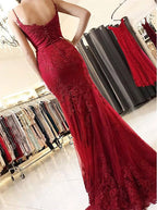 Spaghetti Straps Burgundy Spaghetti Straps Mermaid Long Lace Prom Dress