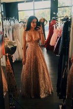 A-line Deep V-neck Sleeveless Sequins Floor-length Prom Dresses, Long Evening Dresses