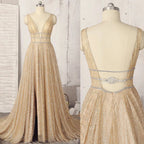 A-line Deep V-neck Sleeveless Sequins Floor-length Prom Dresses, Long Evening Dresses