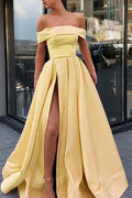 Schulterfreies, A-Linien-Abendkleid aus Satin mit hohem Schlitz in Gelb, lange Abendkleider
