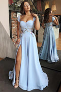 Cheap Satin Sweetheart Neck Prom Dresses High Slit  Evening Gown