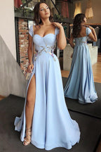 Cheap Satin Sweetheart Neck Prom Dresses High Slit  Evening Gown