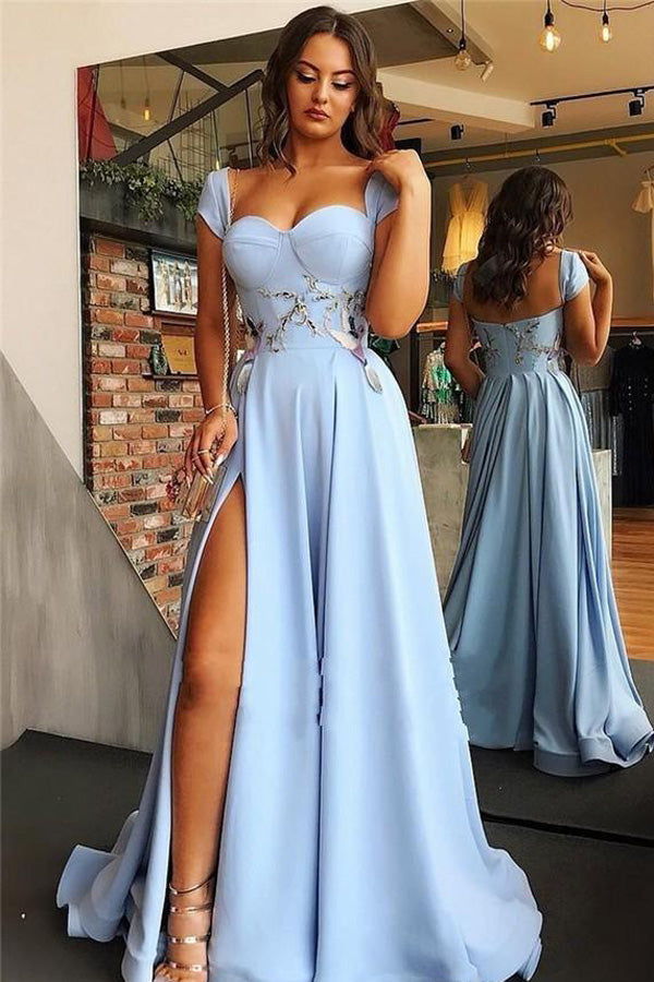 Cheap Satin Sweetheart Neck Prom Dresses High Slit  Evening Gown