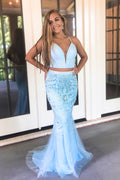 Deep V-neck Sky Blue Two Pieces Prom Dresses Mermaid Organze Evening Dresses