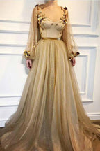 Chic Long Prom Dresses Floral Applique Golden Rhinestone Evening Dress