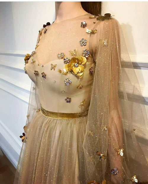 Chic Long Prom Dresses Floral Applique Golden Rhinestone Evening Dress