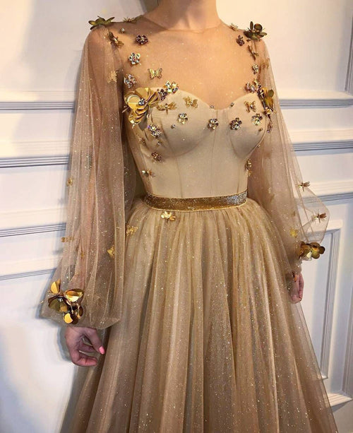 Chic Long Prom Dresses Floral Applique Golden Rhinestone Evening Dress
