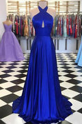 Royal Blue Round Neck Satin Prom Dresses A-line Long Formal Dress