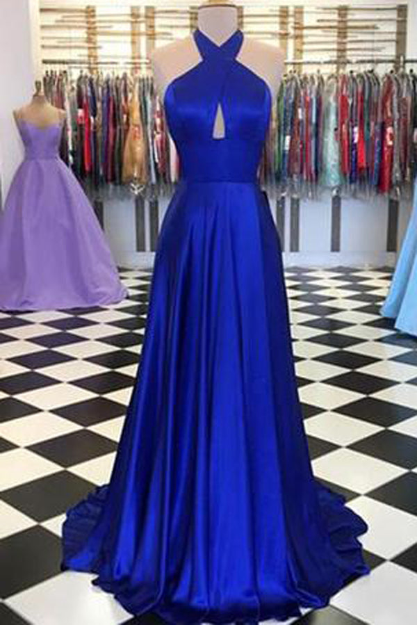 Royal Blue Round Neck Satin Prom Dresses A-line Long Formal Dress
