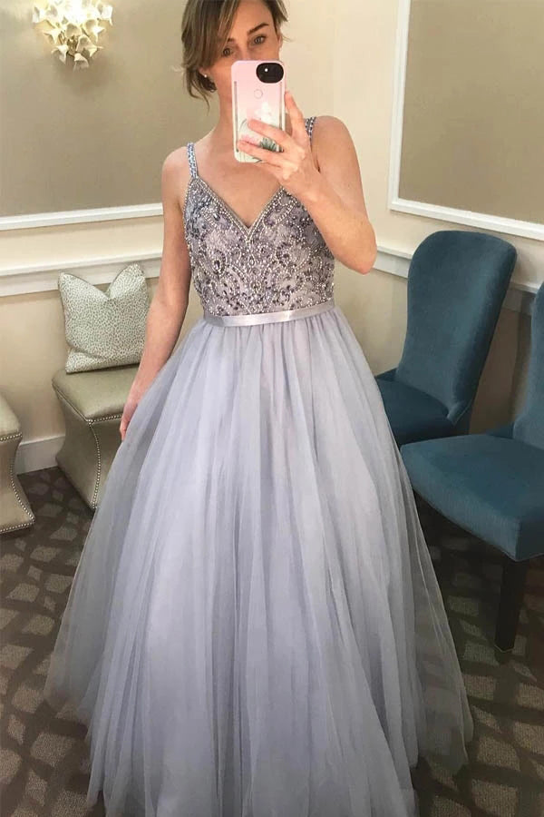 Vestido de fiesta/formal largo hasta el suelo, gris, sin mangas, línea A, cuello en V, con abalorios de tul