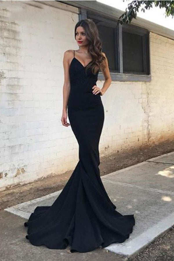 Schwarzes Spaghettiträger-Meerjungfrauen-Abendkleid mit V-Ausschnitt und rückenfrei
