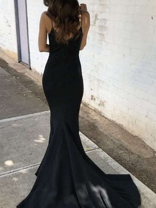 Schwarzes Spaghettiträger-Meerjungfrauen-Abendkleid mit V-Ausschnitt und rückenfrei