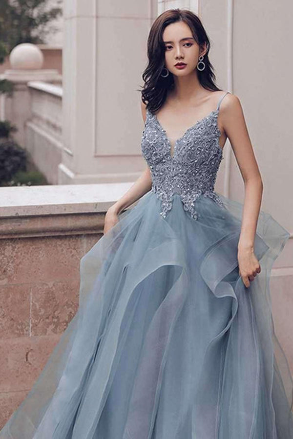 Deep V-neck Appliqued Prussian Blue Multi-Layered Organza Prom Dresse