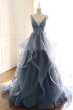 Deep V-neck Appliqued Prussian Blue Multi-Layered Organza Prom Dresse