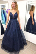 Glitzerndes Ballkleid mit V-Ausschnitt, offenem Rücken, Spaghettiträgern, marineblaues Ballkleid, elegantes Abendkleid