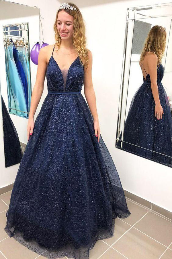 Glitzerndes Ballkleid mit V-Ausschnitt, offenem Rücken, Spaghettiträgern, marineblaues Ballkleid, elegantes Abendkleid