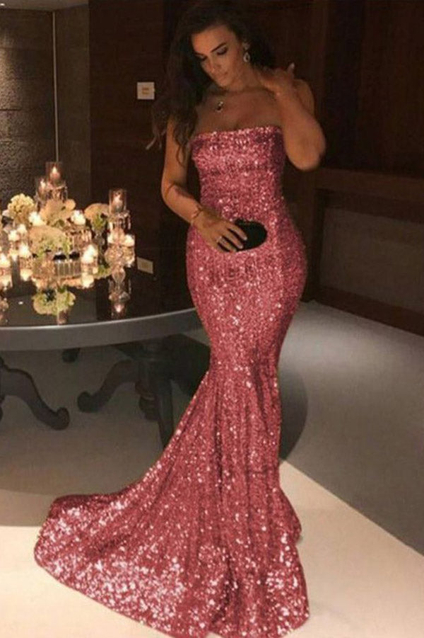 Vestidos largos de fiesta de sirena baratos sin tirantes con lentejuelas de coral, vestidos de fiesta de noche