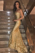 Vestidos largos de fiesta de sirena baratos sin tirantes con lentejuelas de coral, vestidos de fiesta de noche