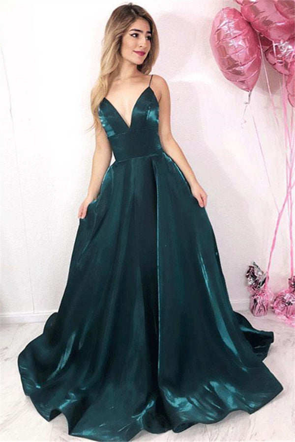 A-line V-neck Spaghetti Straps Open Back  with Pockets, Sparkly Prom Dresses
