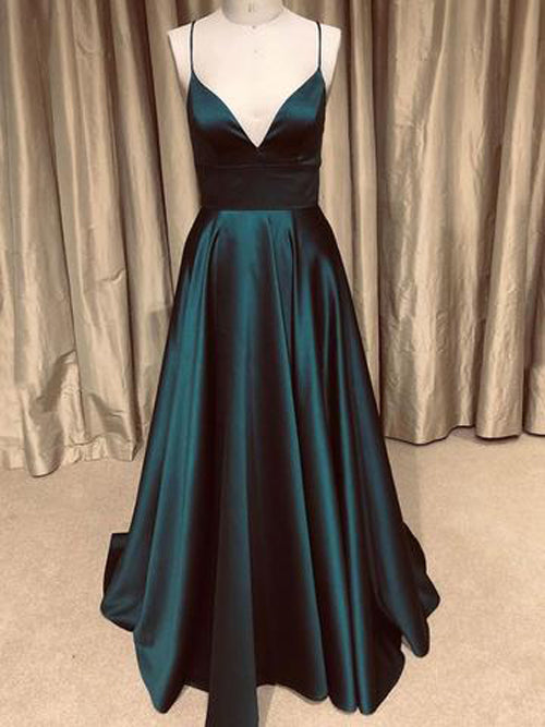 A-line V-neck Spaghetti Straps Open Back  with Pockets, Sparkly Prom Dresses