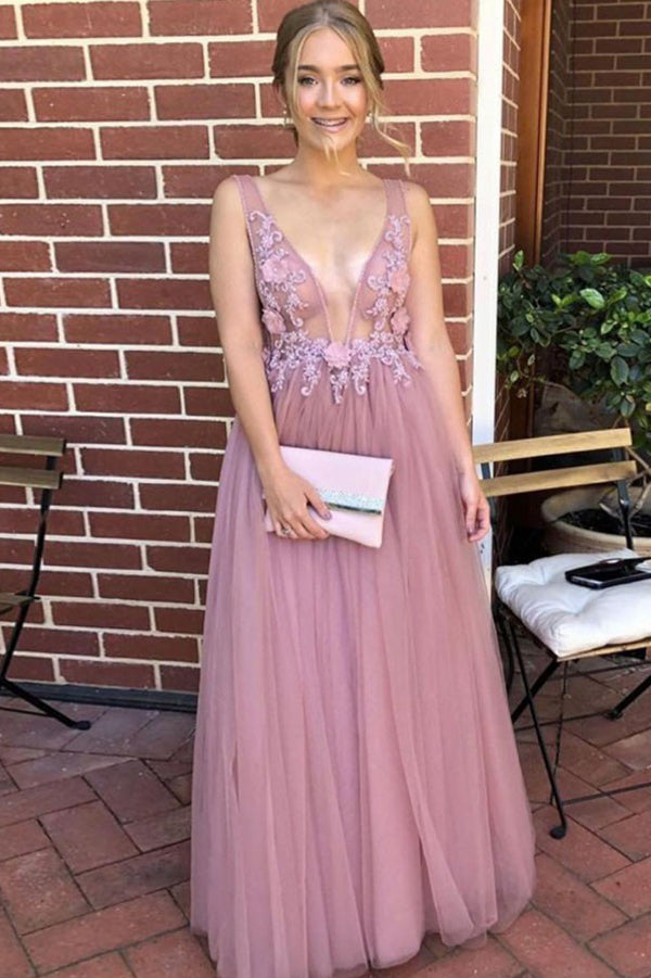 Charming A-line V-neck Open Back Flower Lace Prom Dresses, Fairy Dresses