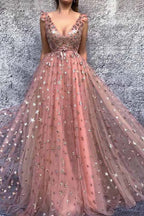 Vestidos de Noche Largos de Tul con Cuello en V y Corte en A para Graduación