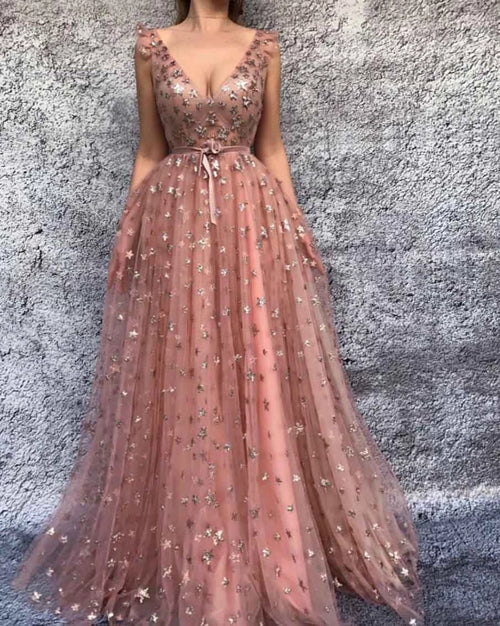 A-line V-neck Prom Dresses Tulle Long Prom Dress Evening Dresses