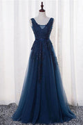 Tulle A-line V-neck Floor-length Prom/Evening Dress With Appliques