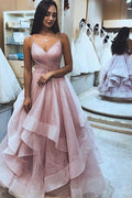 Long Prom Dresses with Tiered Spaghetti Straps Evening Gowns