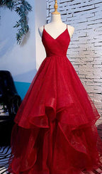 Long Prom Dresses with Tiered Spaghetti Straps Evening Gowns