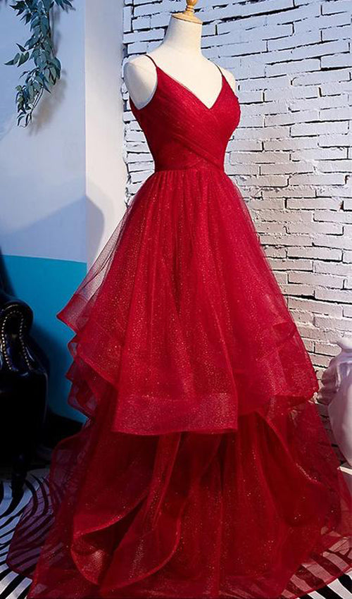 Long Prom Dresses with Tiered Spaghetti Straps Evening Gowns