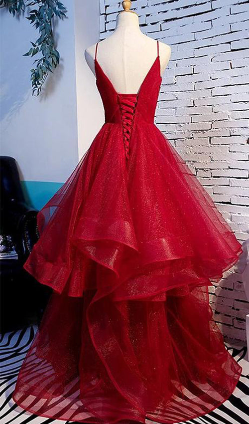 Long Prom Dresses with Tiered Spaghetti Straps Evening Gowns