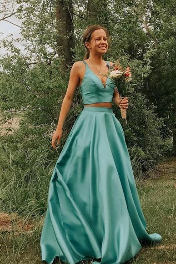 Simple Ball Gown V-neck Two Piece Lake Satin Prom Dresses with Pockets