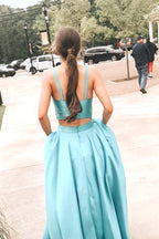 Simple Ball Gown V-neck Two Piece Lake Satin Prom Dresses with Pockets