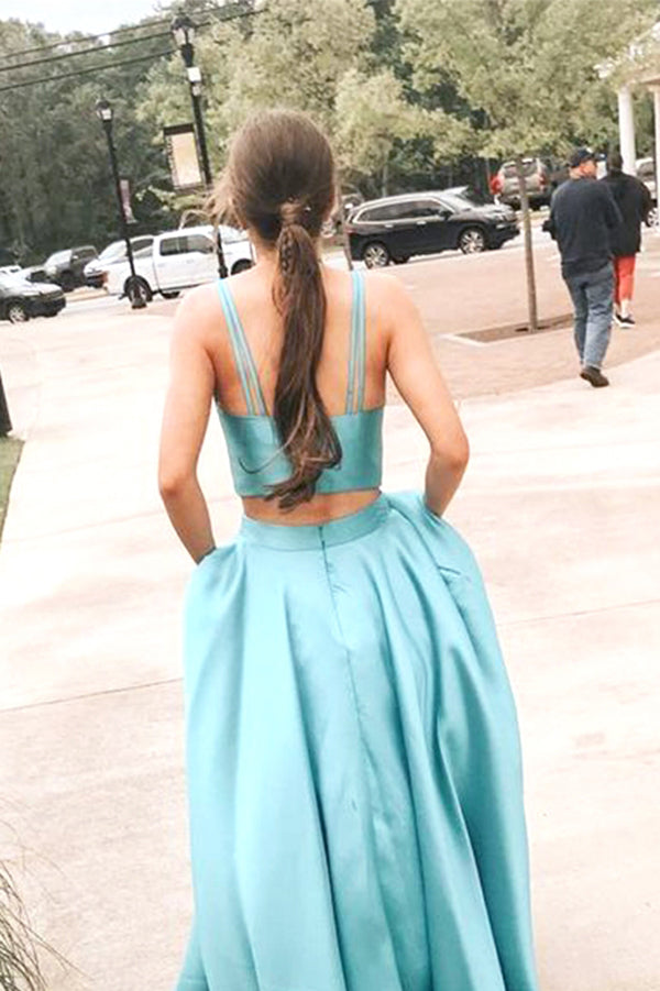 Simple Ball Gown V-neck Two Piece Lake Satin Prom Dresses with Pockets