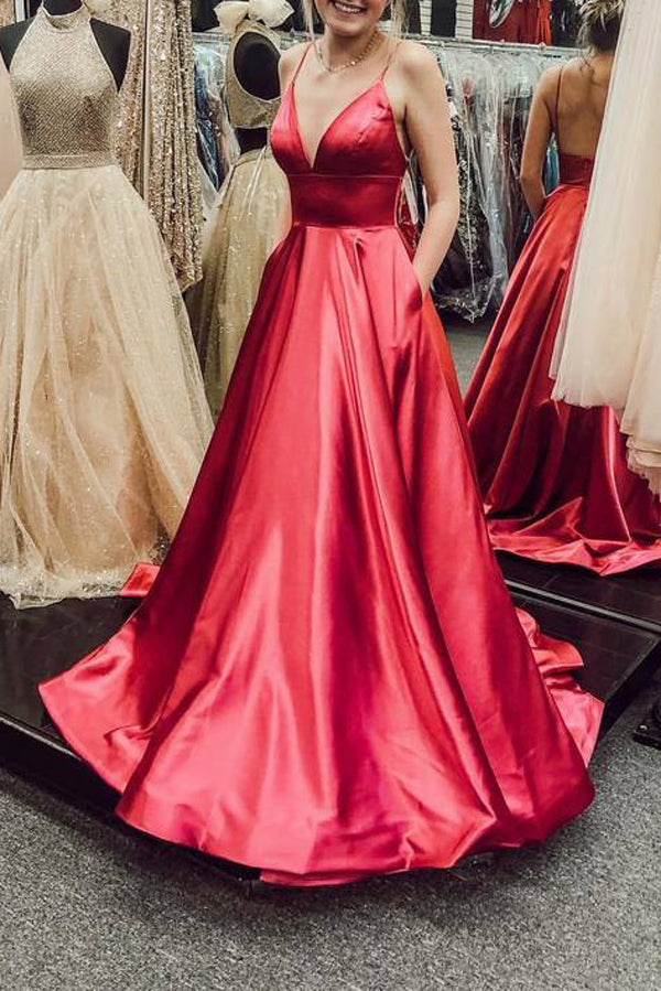 Spaghetti Straps Prom Dresses Pockets Long Evening Gowns Backless