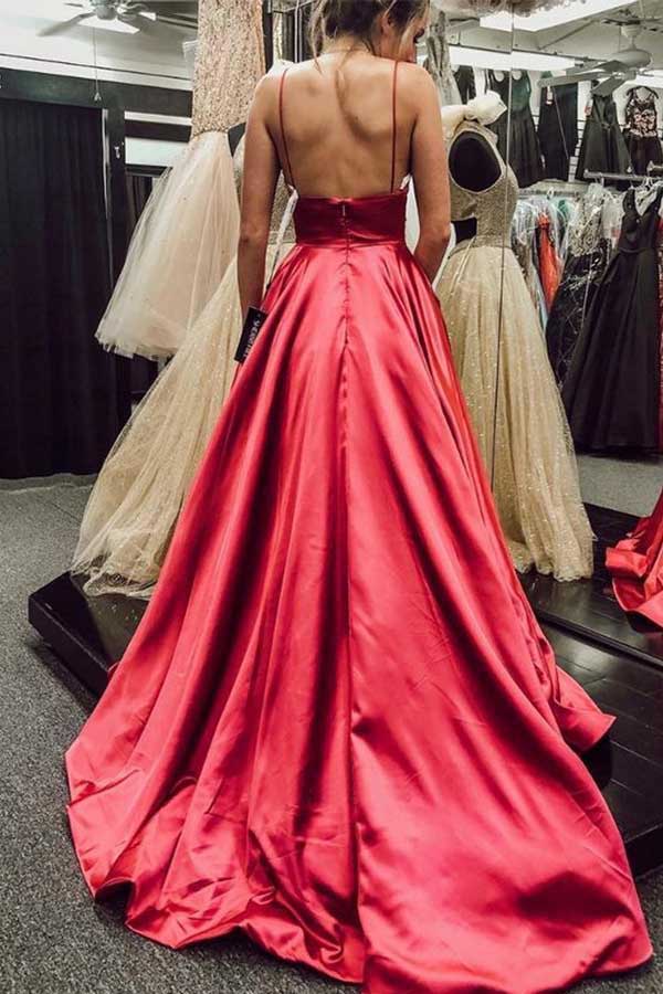 Spaghetti Straps Prom Dresses Pockets Long Evening Gowns Backless
