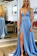 A-line V-neck Spaghetti Straps Satin Long Prom Dresses, Split Evening Party Dresses