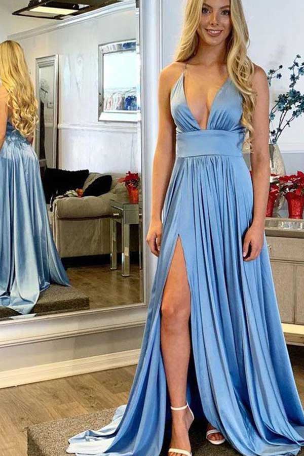 A-line V-neck Spaghetti Straps Satin Long Prom Dresses, Split Evening Party Dresses