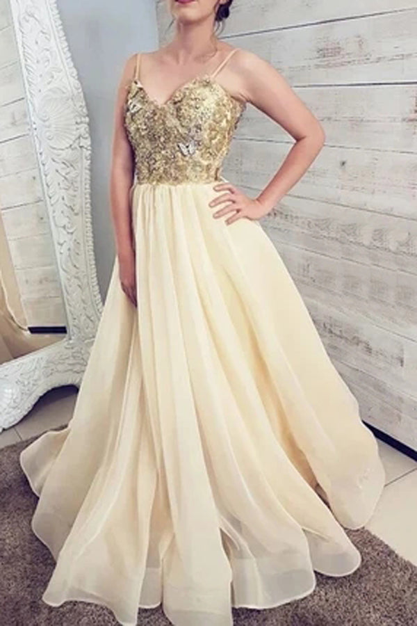 Gorgeous Ball Gown V-neck Spaghetti Straps Daffodil Organza Long Prom Dresses,Lace Gown Dresses