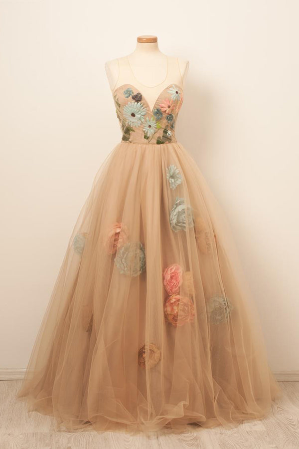 Vestidos de Noche Largos hasta el Suelo de Satén y Tul con Flores y Escote Redondo