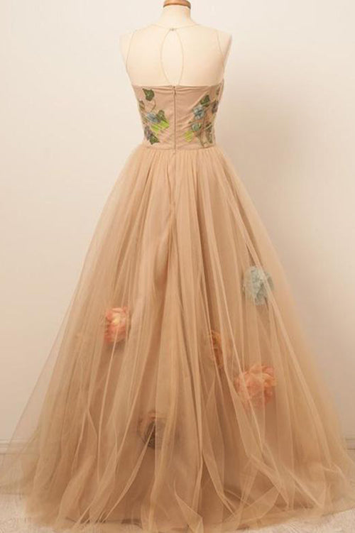 Vestidos de Noche Largos hasta el Suelo de Satén y Tul con Flores y Escote Redondo