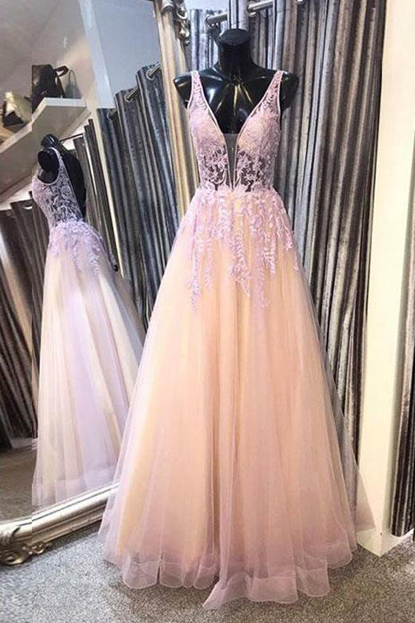 Satin & Tulle Prom Dress Deep V-neck Backless Long Evening Gowns with Appliques